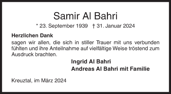 Traueranzeige von Samir Al Bahri von Siegener Zeitung