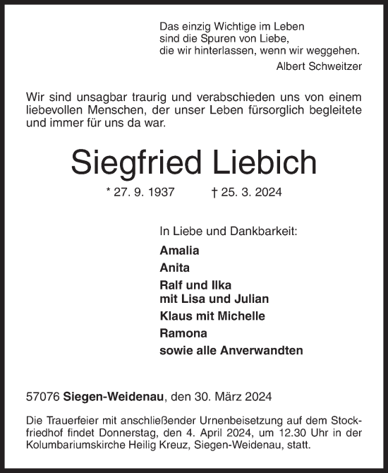 Traueranzeige von Siegfried Liebich von Siegener Zeitung