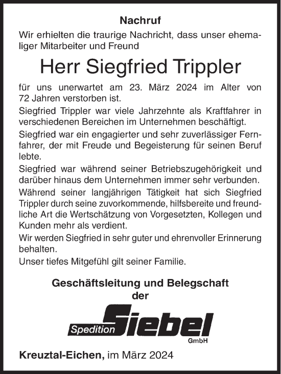 Traueranzeige von Siegfried Trippler von Siegener Zeitung
