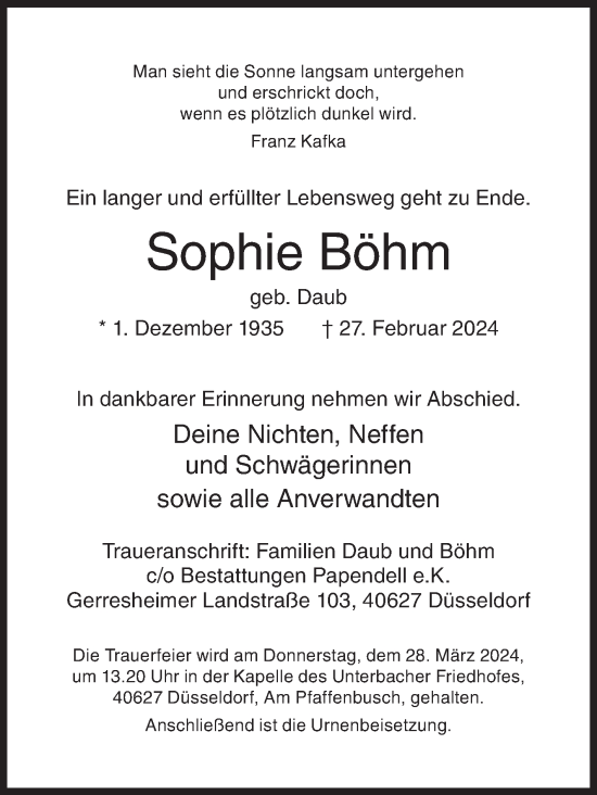 Traueranzeige von Sophie Böhm von Siegener Zeitung