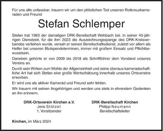 Traueranzeige von Stefan Schlemper von Siegener Zeitung