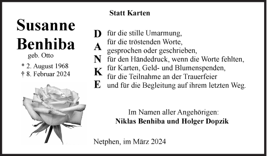 Traueranzeige von Susanne Benhiba von Siegener Zeitung