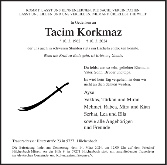 Traueranzeige von Tacim Korkmaz von Siegener Zeitung