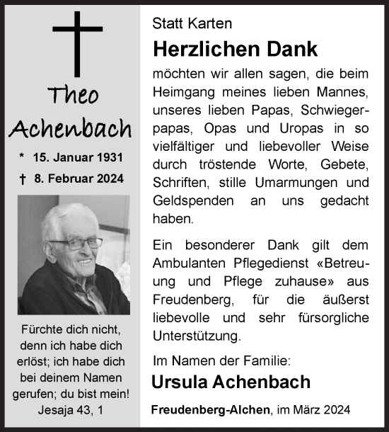 Traueranzeige von Theo Achenbach von Siegener Zeitung