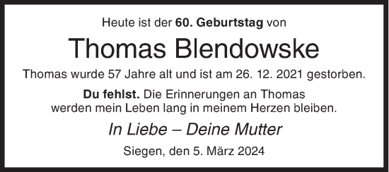 Traueranzeige von Thomas Blendowske von Siegener Zeitung