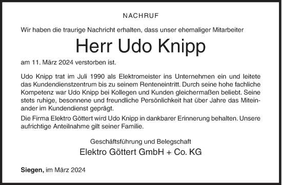 Traueranzeige von Udo Knipp von Siegener Zeitung