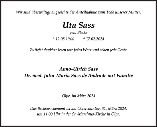 Traueranzeige von Uta Sass von Siegener Zeitung