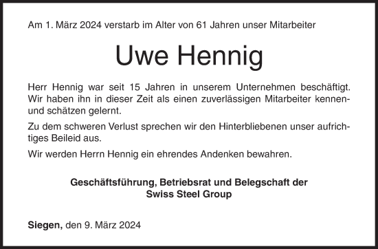 Traueranzeige von Uwe Hennig von Siegener Zeitung