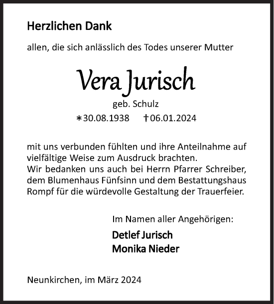 Traueranzeige von Vera Jurisch von Siegener Zeitung