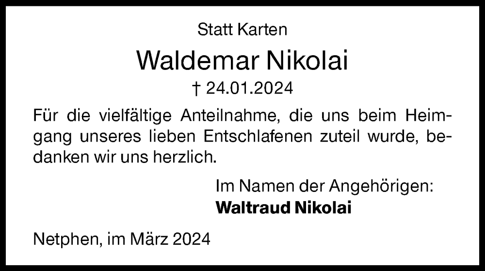  Traueranzeige für Waldemar Nikolai vom 23.03.2024 aus Siegener Zeitung