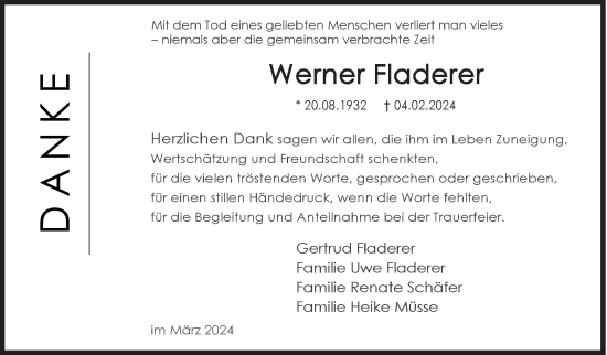 Traueranzeige von Werner Fladerer von Siegener Zeitung