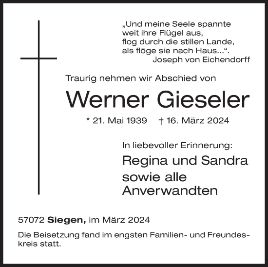 Traueranzeige von Werner Gieseler von Siegener Zeitung