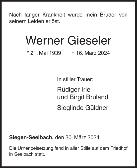 Traueranzeige von Werner Gieseler von Siegener Zeitung