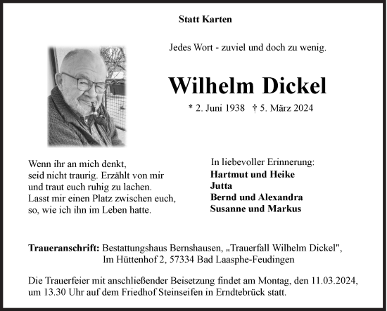 Traueranzeige von Wilhelm Dickel von Siegener Zeitung