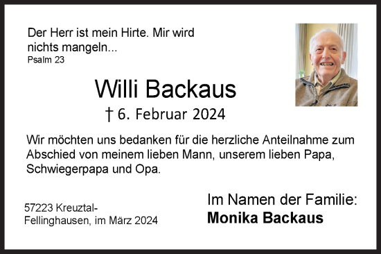 Traueranzeige von Willi Backaus von Siegener Zeitung