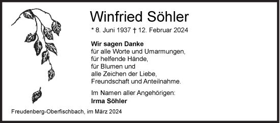 Traueranzeige von Winfried Söhler von Siegener Zeitung