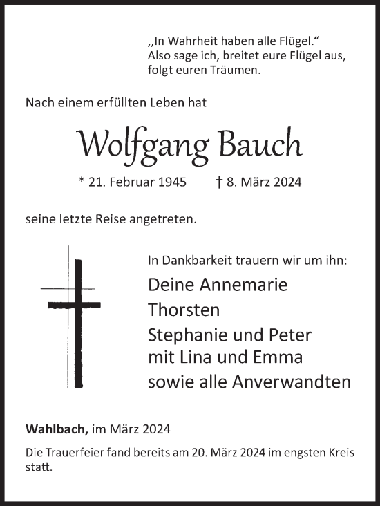Traueranzeige von Wolfgang Bauch von Siegener Zeitung