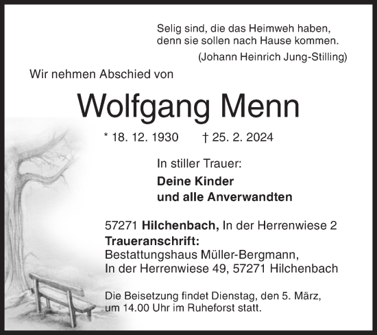 Traueranzeige von Wolfgang Menn von Siegener Zeitung