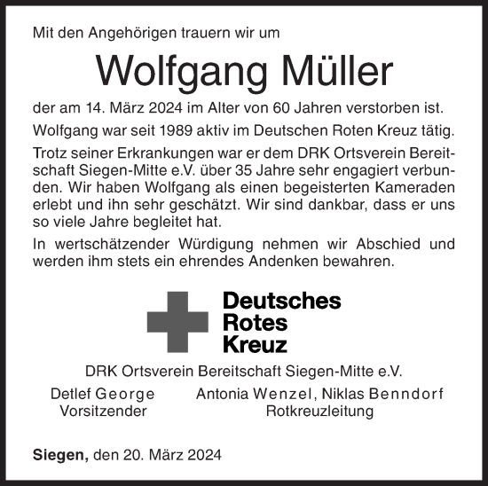 Traueranzeige von Wolfgang Müller von Siegener Zeitung