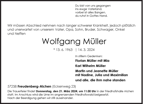 Traueranzeige von Wolfgang Müller von Siegener Zeitung