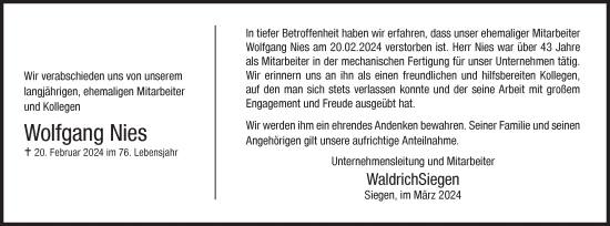 Traueranzeige von Wolfgang Nies von Siegener Zeitung