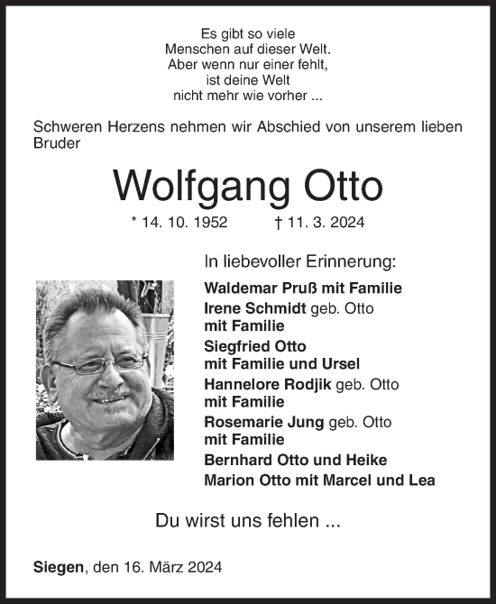 Traueranzeige von Wolfgang Otto von Siegener Zeitung