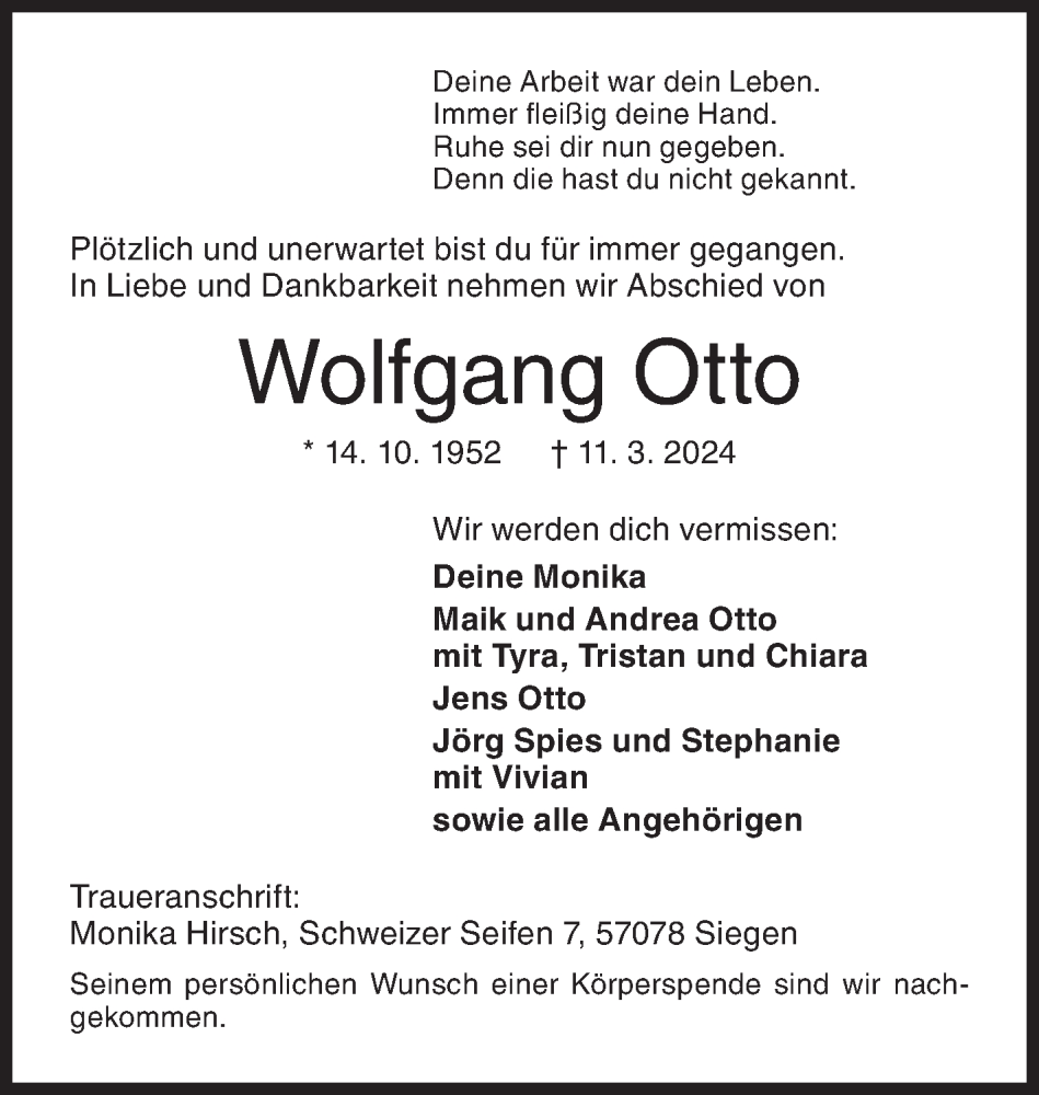  Traueranzeige für Wolfgang Otto vom 16.03.2024 aus Siegener Zeitung