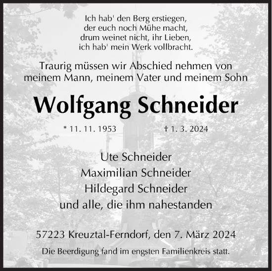 Traueranzeige von Wolfgang Schneider von Siegener Zeitung
