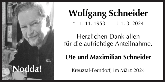 Traueranzeige von Wolfgang Schneider von Siegener Zeitung