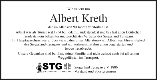Traueranzeige von Albert Kreth von Siegener Zeitung