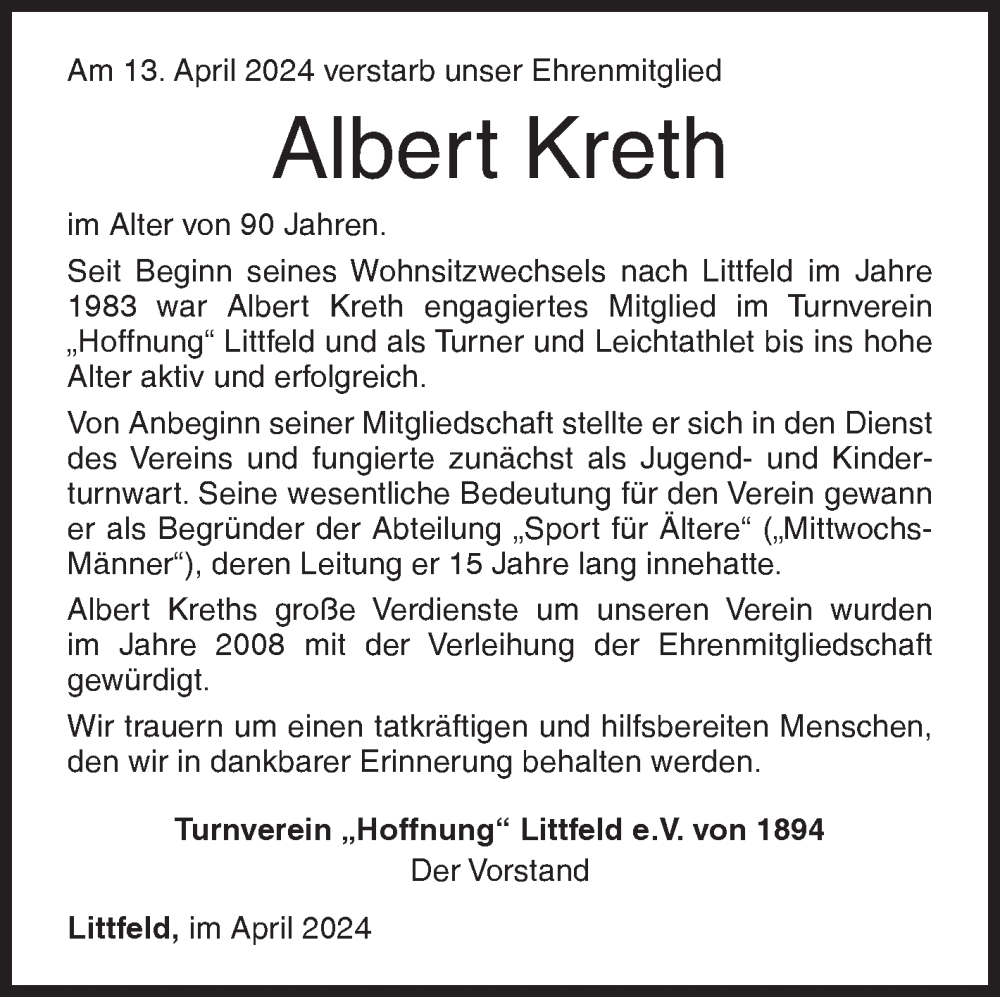  Traueranzeige für Albert Kreth vom 20.04.2024 aus Siegener Zeitung