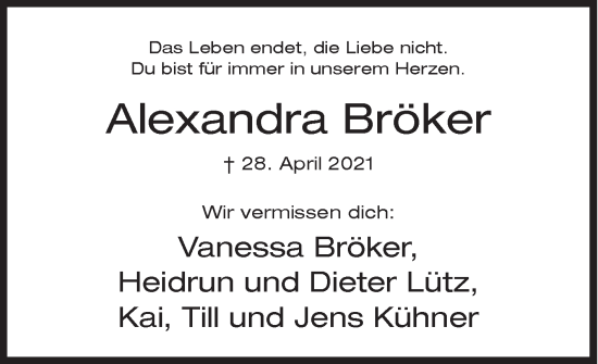 Traueranzeige von Alexandra Bröker von Siegener Zeitung