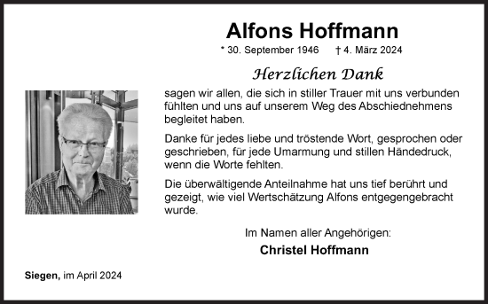 Traueranzeige von Alfons Hoffmann von Siegener Zeitung