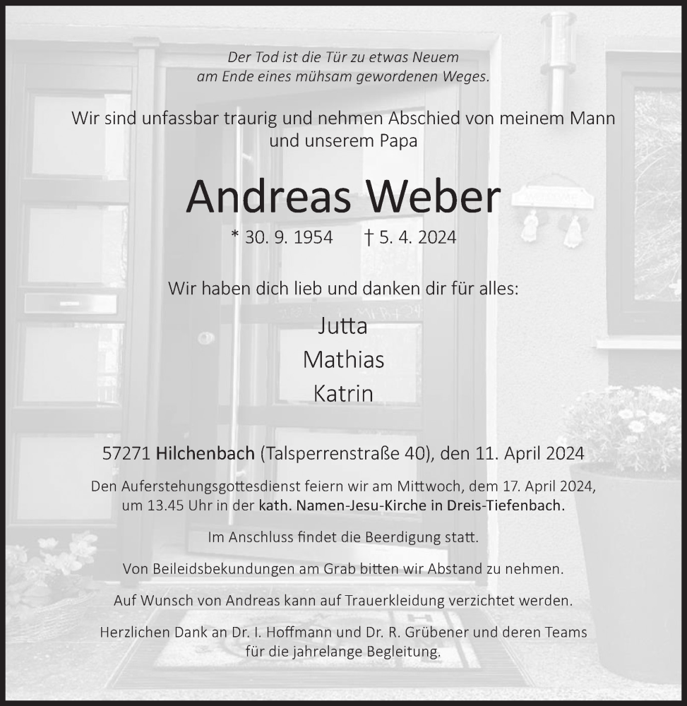  Traueranzeige für Andreas Weber vom 11.04.2024 aus Siegener Zeitung