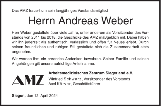 Traueranzeige von Andreas Weber von Siegener Zeitung