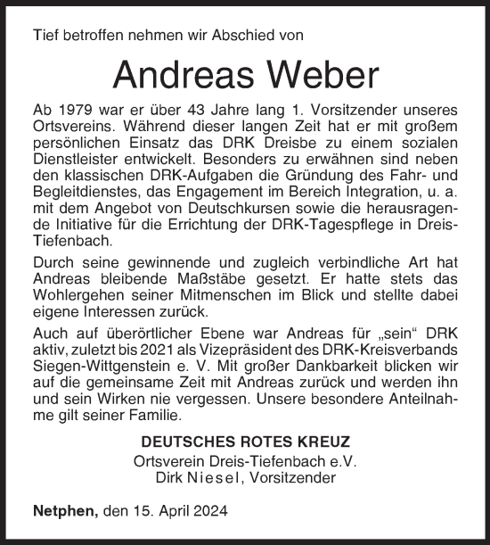 Traueranzeige von Andreas Weber von Siegener Zeitung