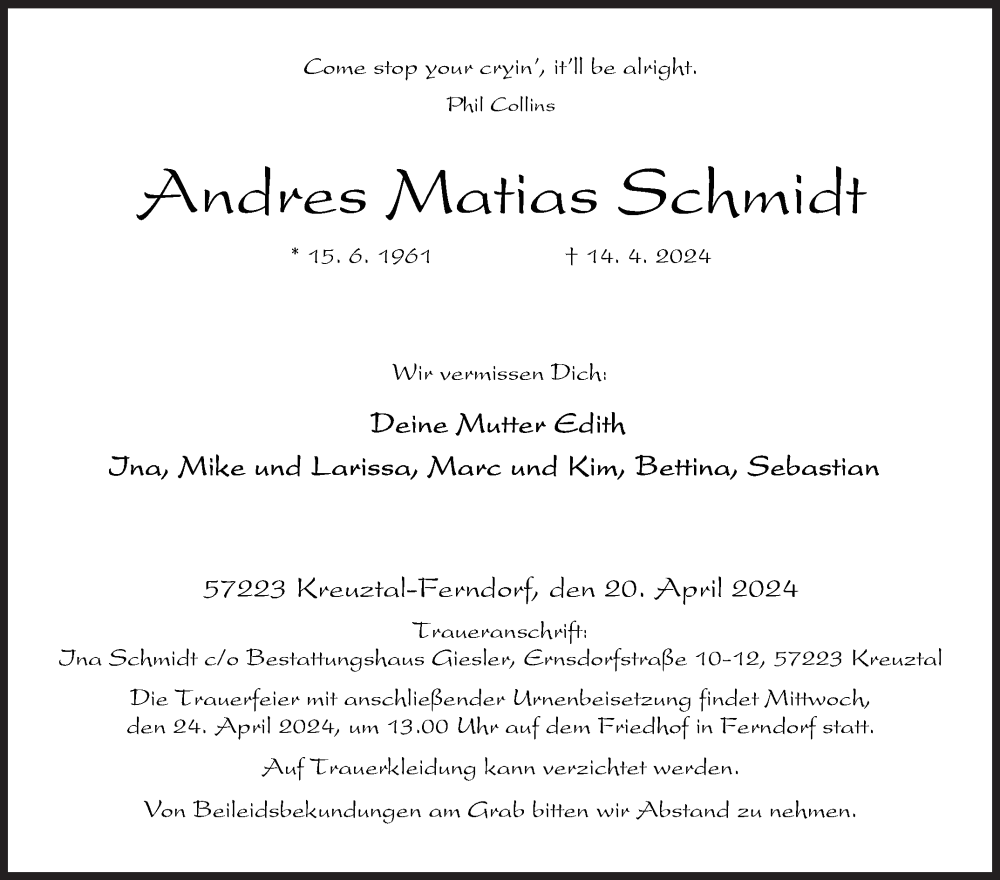  Traueranzeige für Andres Matias Schmidt vom 20.04.2024 aus Siegener Zeitung