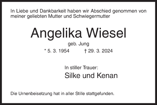 Traueranzeige von Angelika Wiesel von Siegener Zeitung