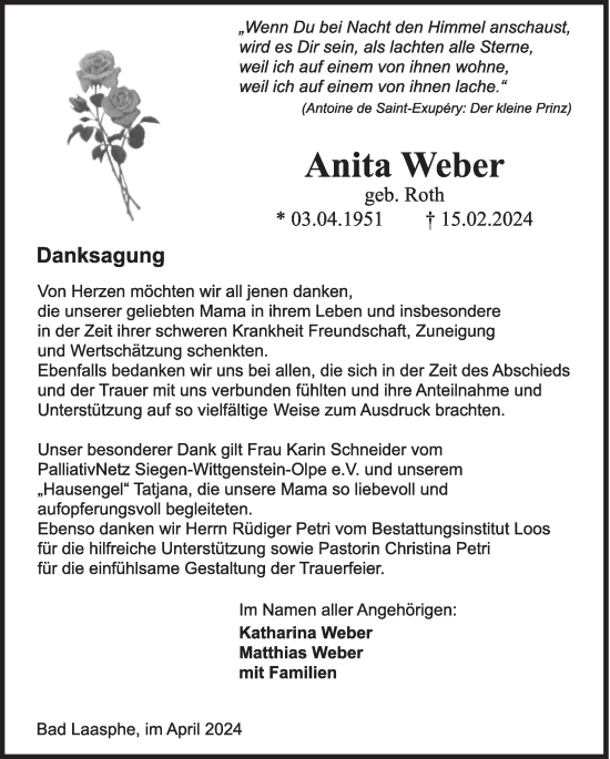 Traueranzeige von Anita Weber von Siegener Zeitung