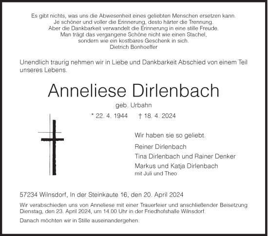 Traueranzeige von Anneliese Dirlenbach von Siegener Zeitung