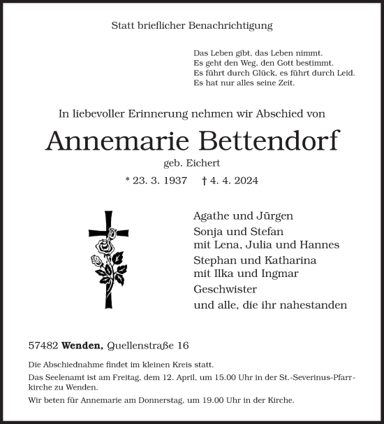 Traueranzeige von Annemarie Bettendorf von Siegener Zeitung