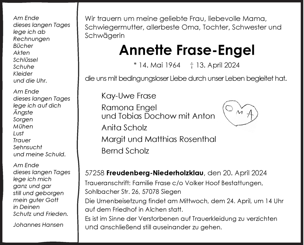  Traueranzeige für Annette Frase-Engel vom 20.04.2024 aus Siegener Zeitung
