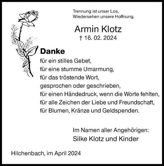 Traueranzeige von Armin Klotz von Siegener Zeitung