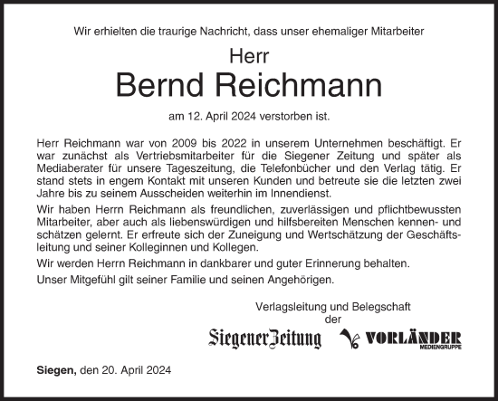 Traueranzeige von Bernd Reichmann von Siegener Zeitung