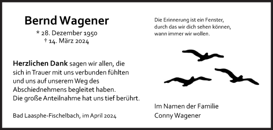 Traueranzeige von Bernd Wagener von Siegener Zeitung