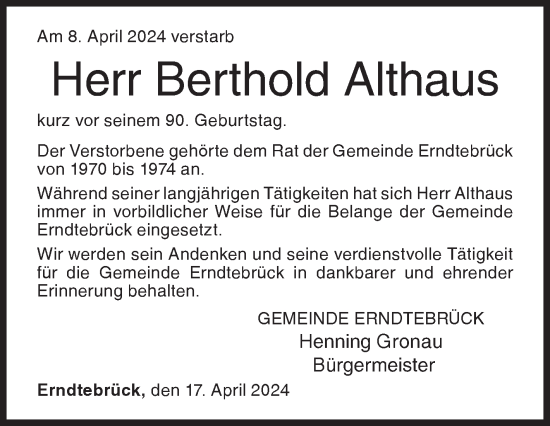 Traueranzeige von Berthold Althaus von Siegener Zeitung