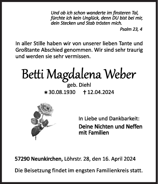 Traueranzeige von Betti Magdalena Weber von Siegener Zeitung