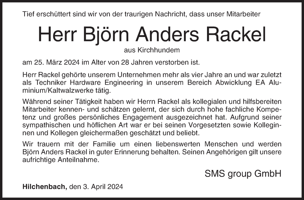  Traueranzeige für Björn Anders Rackel vom 03.04.2024 aus Siegener Zeitung