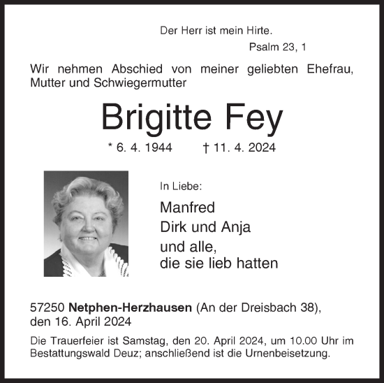 Traueranzeige von Brigitte Fey von Siegener Zeitung