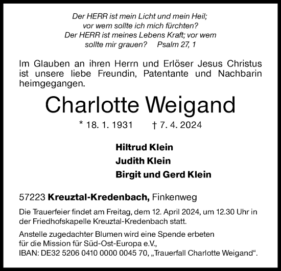 Traueranzeige von Charlotte Weigand von Siegener Zeitung